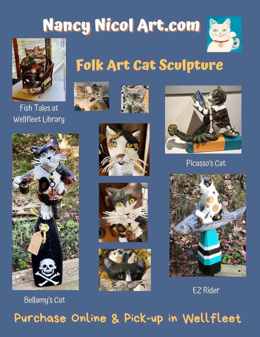 Folk Art Cat Sculptures, September Newsletter for Wellfleet Chamber of Commerce.