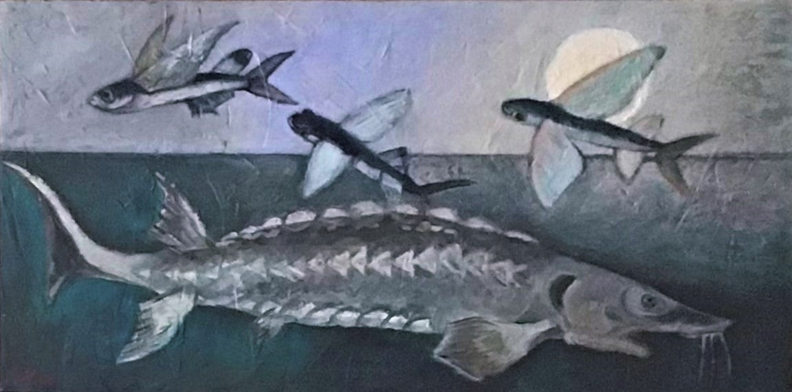 Painting  - Sturgeon, Full Moon and Flying Fish