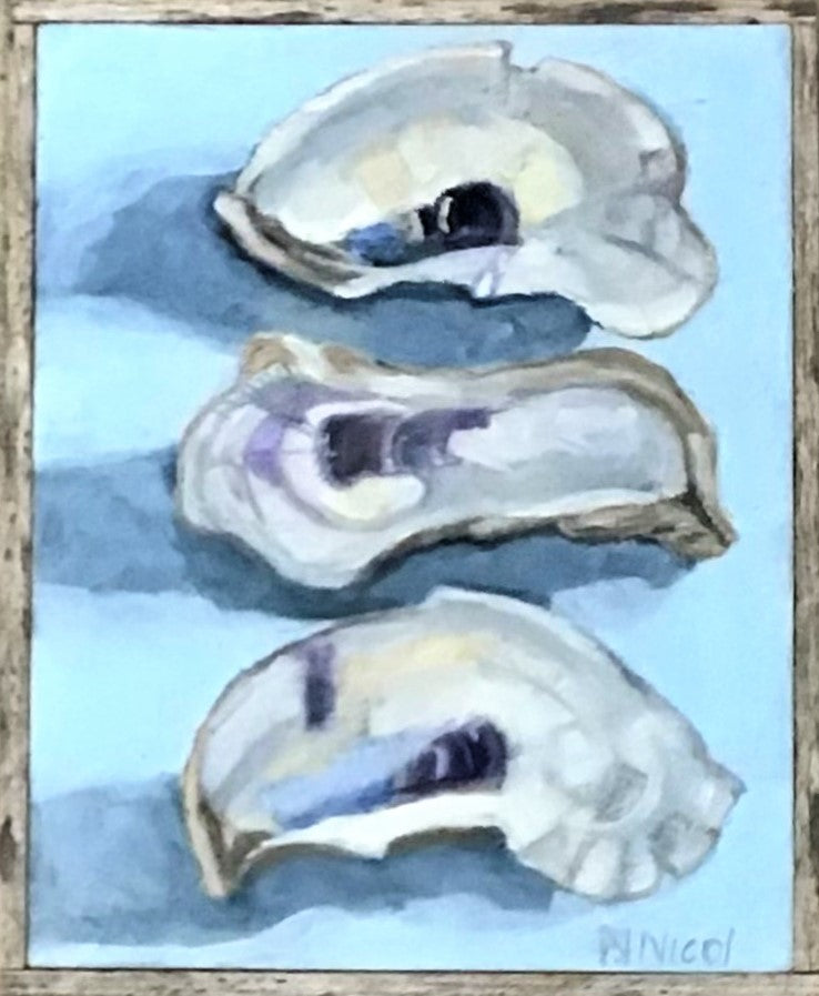 Paintings - Three Wild Oyster Shells cerulean blue